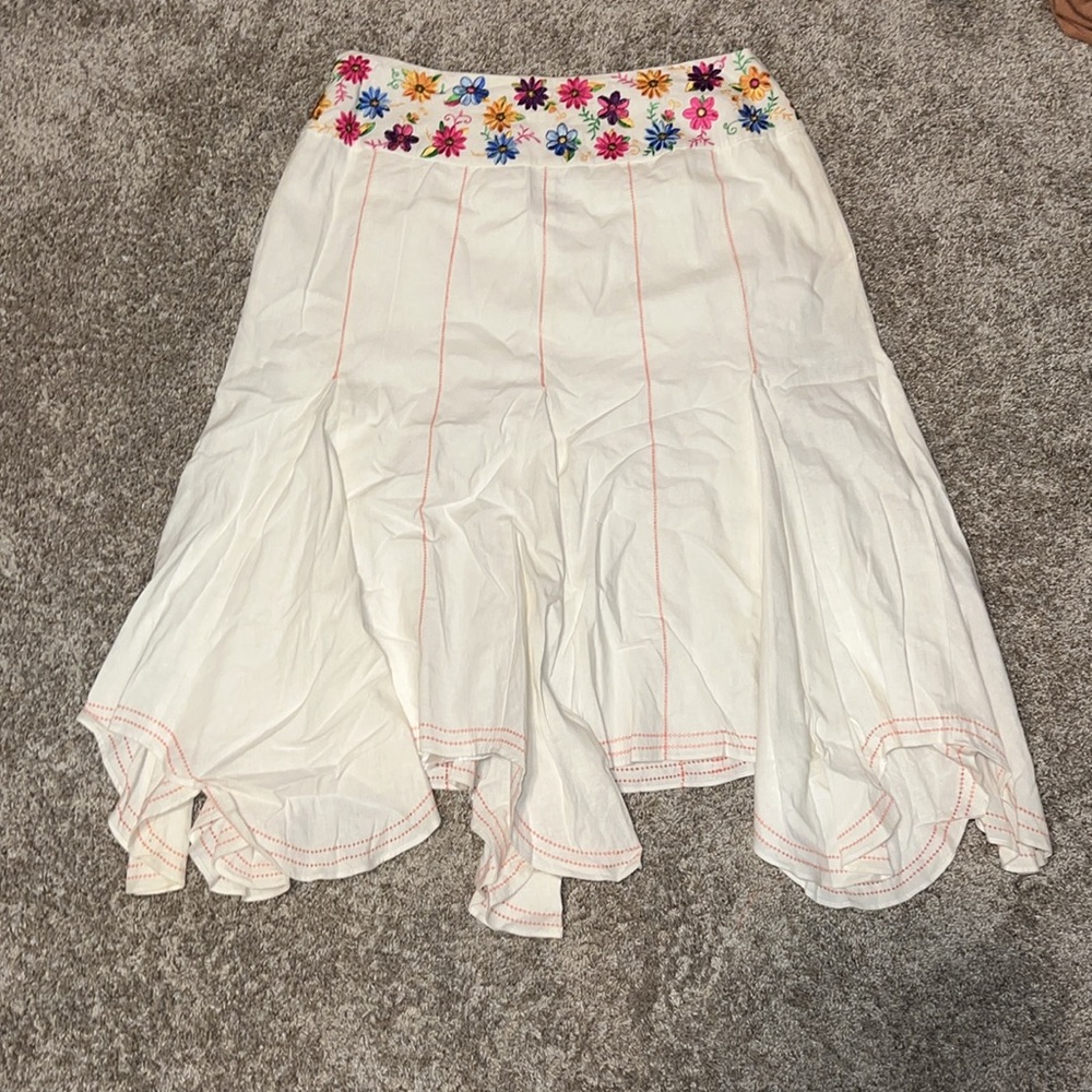 Saint Tropez West Linen Floral Embroidered Waist Flowy White Skirt Size 14